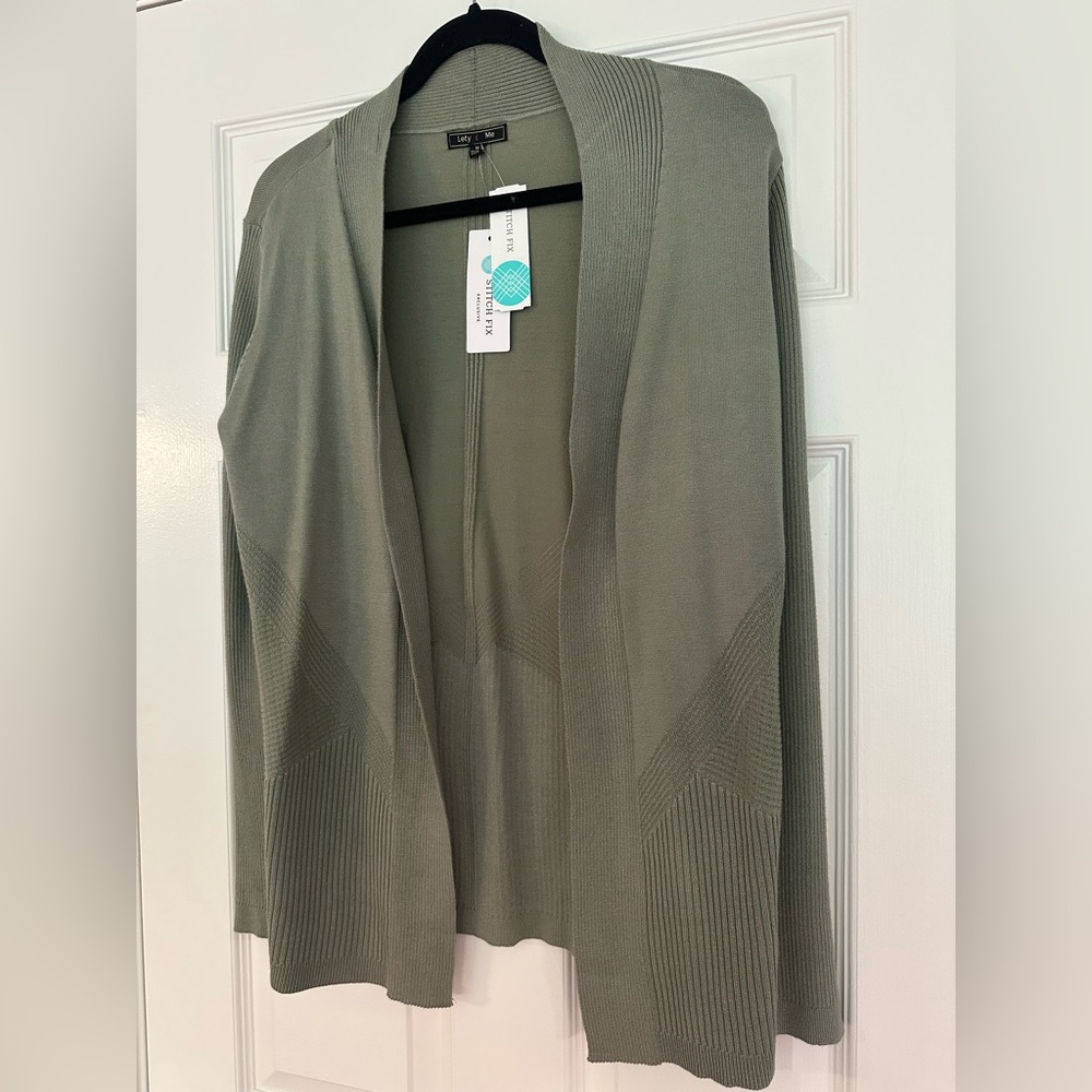 Green Open-Front Cardigan Sweater Lightweight Knit - Picture 7 of 10